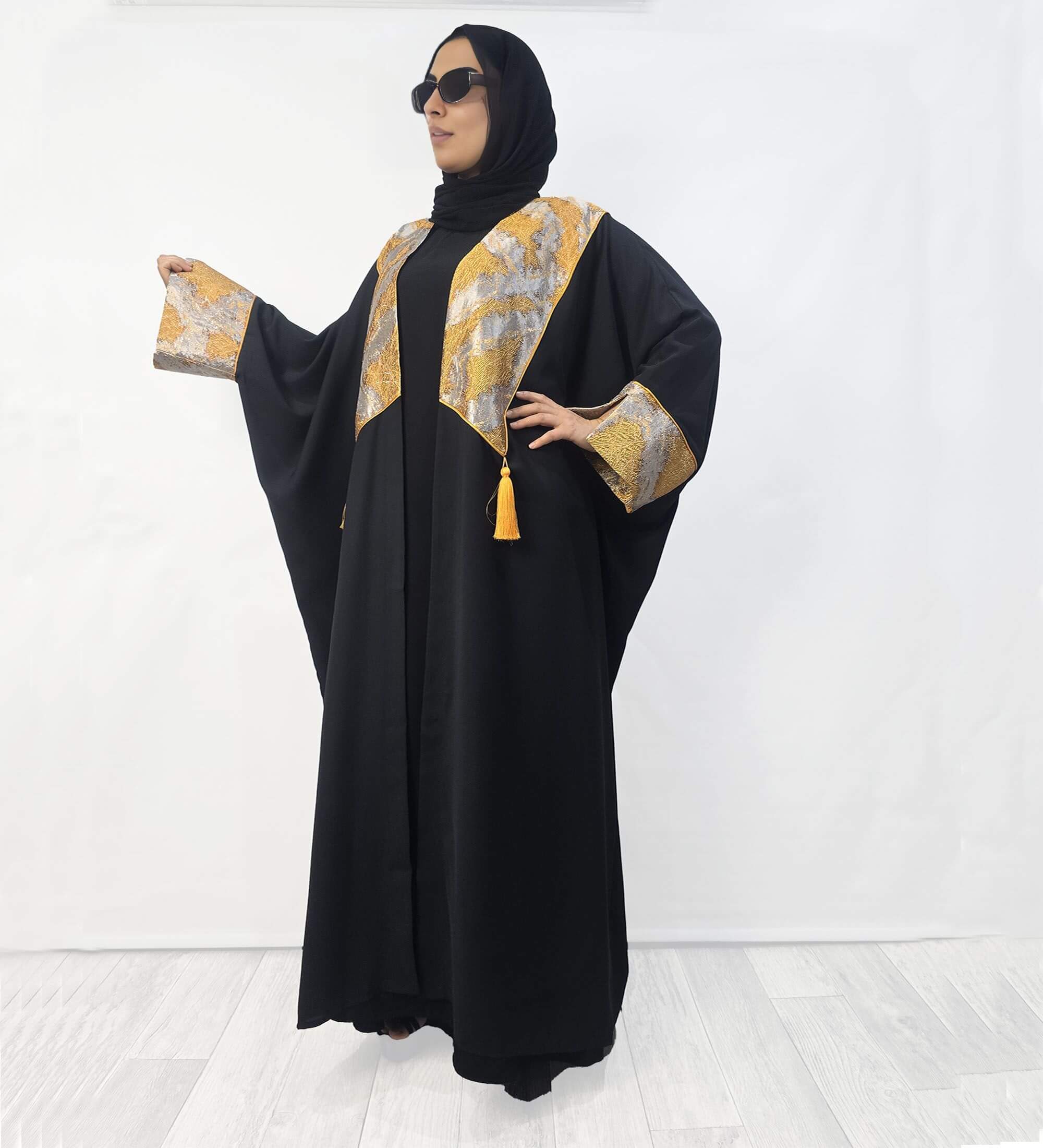 Elegant Black Abaya with Gold and Silver Textured Design