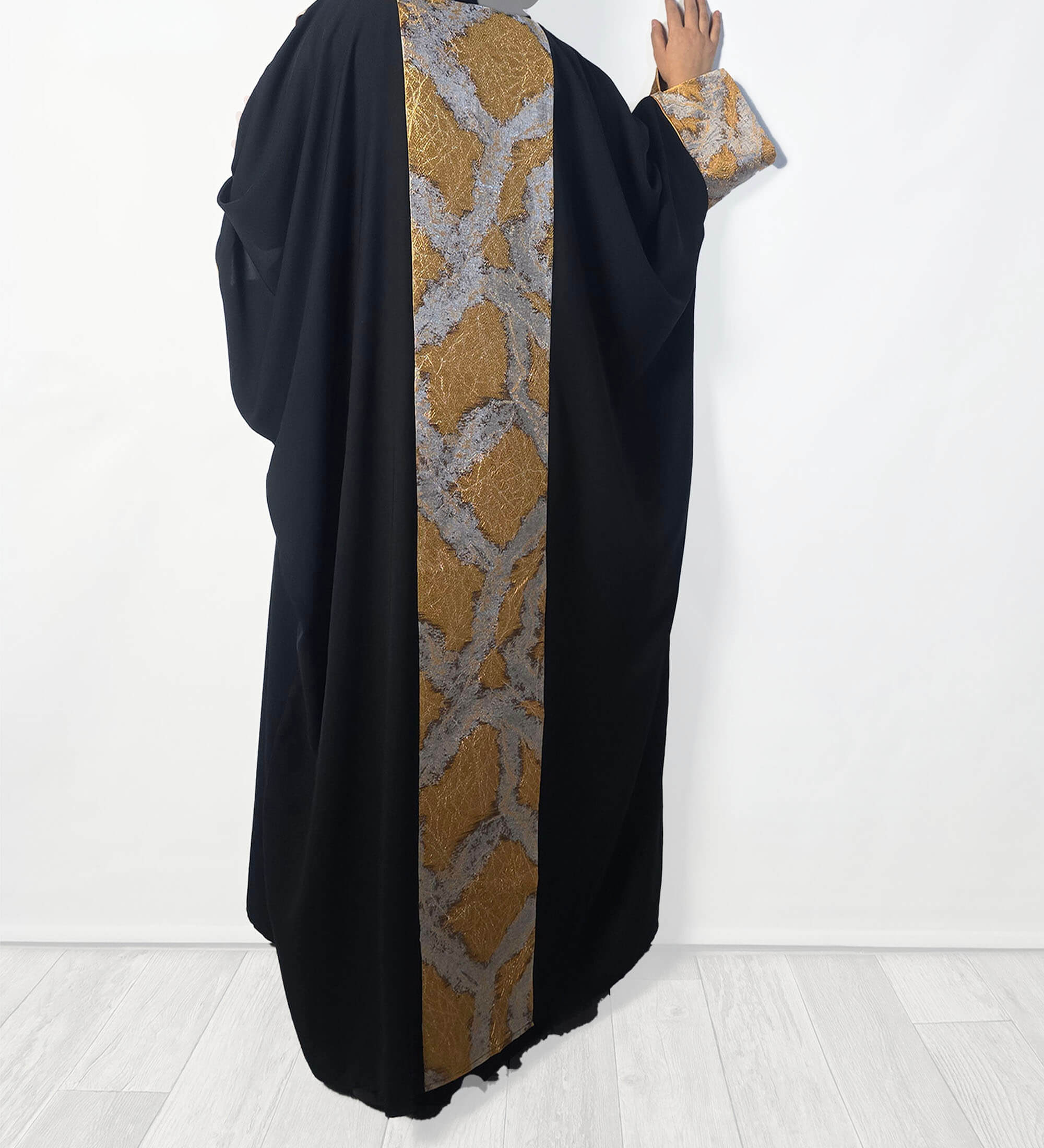 Elegant Black Abaya with Gold and Silver Textured Design