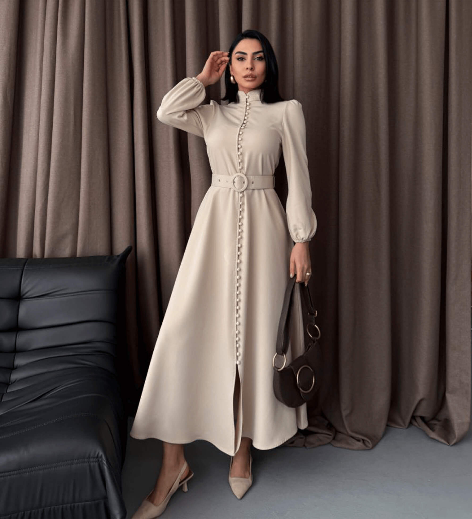 Elegant Maxi Dress with Button Detailing and Royal Charm