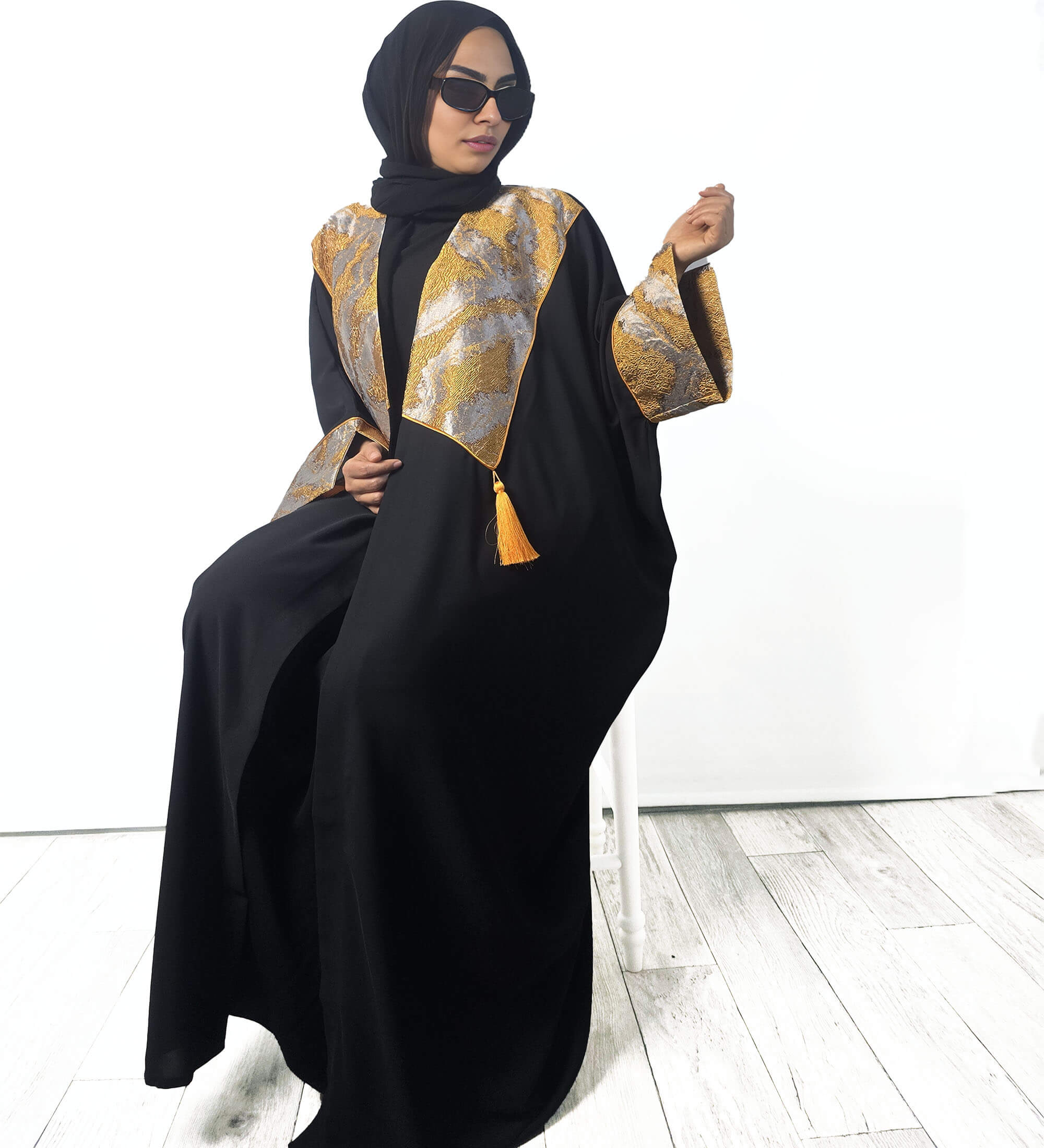 Elegant Black Abaya with Gold and Silver Textured Design