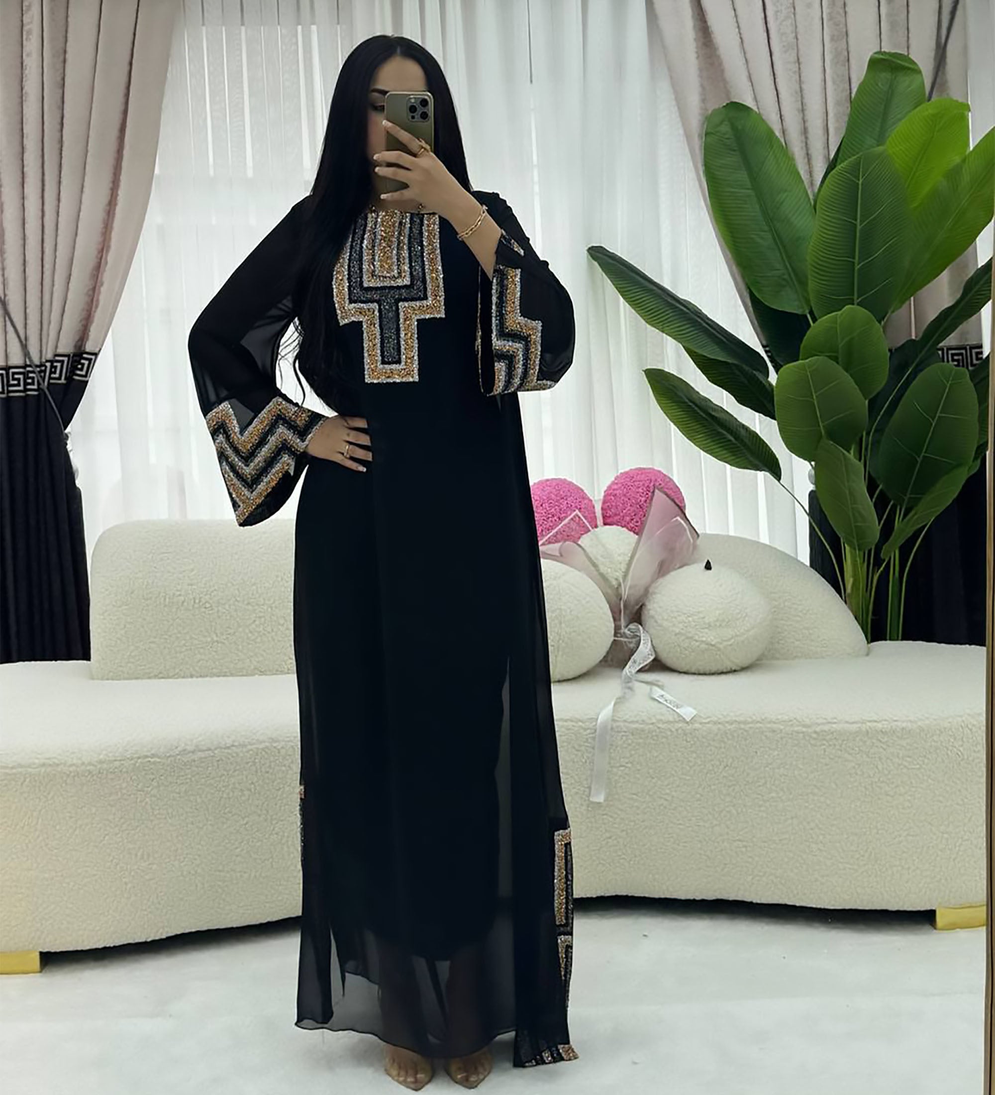 Elegant Geometric Embroidered Maxi Dress