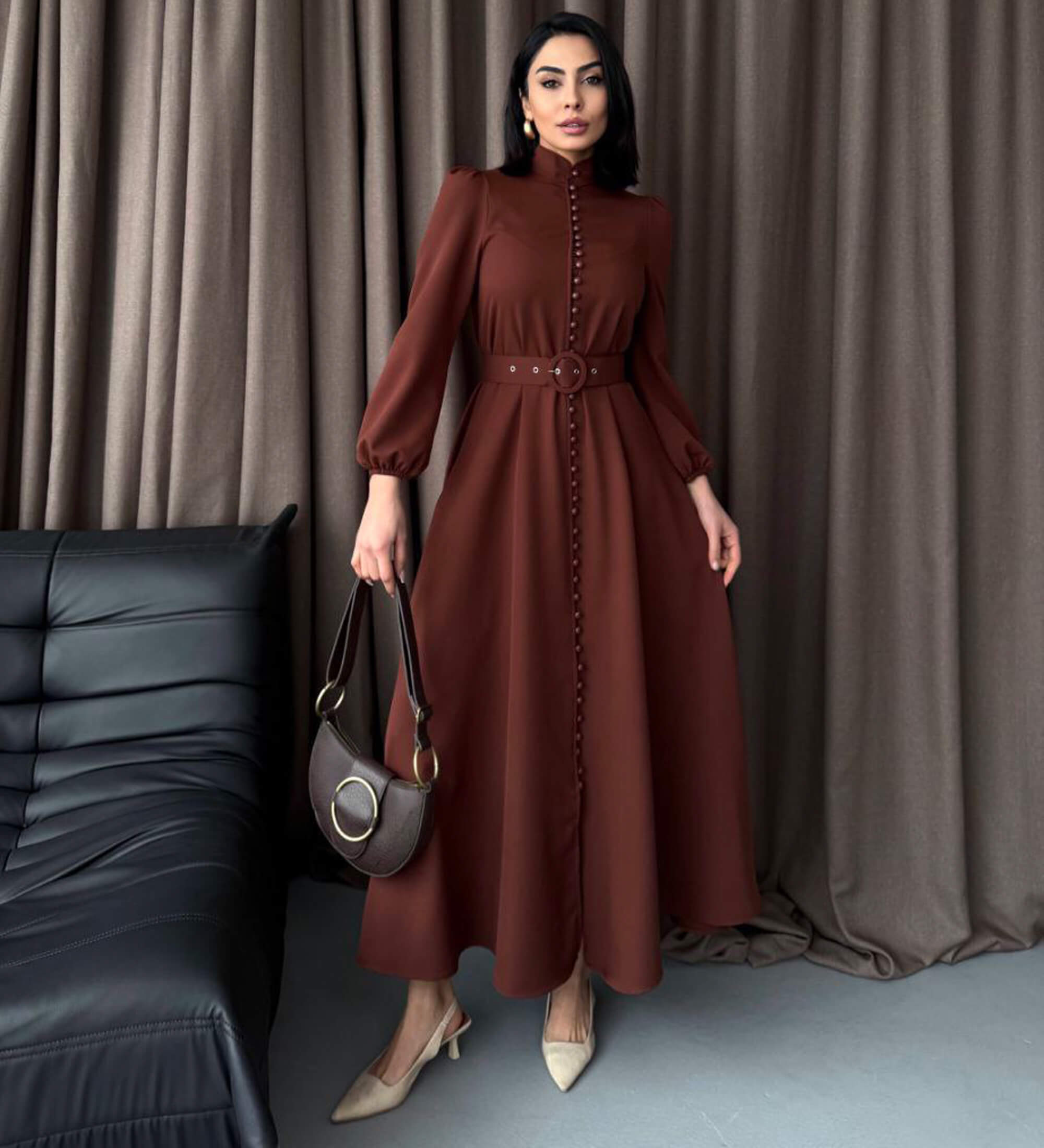 Elegant Maxi Dress with Button Detailing and Royal Charm